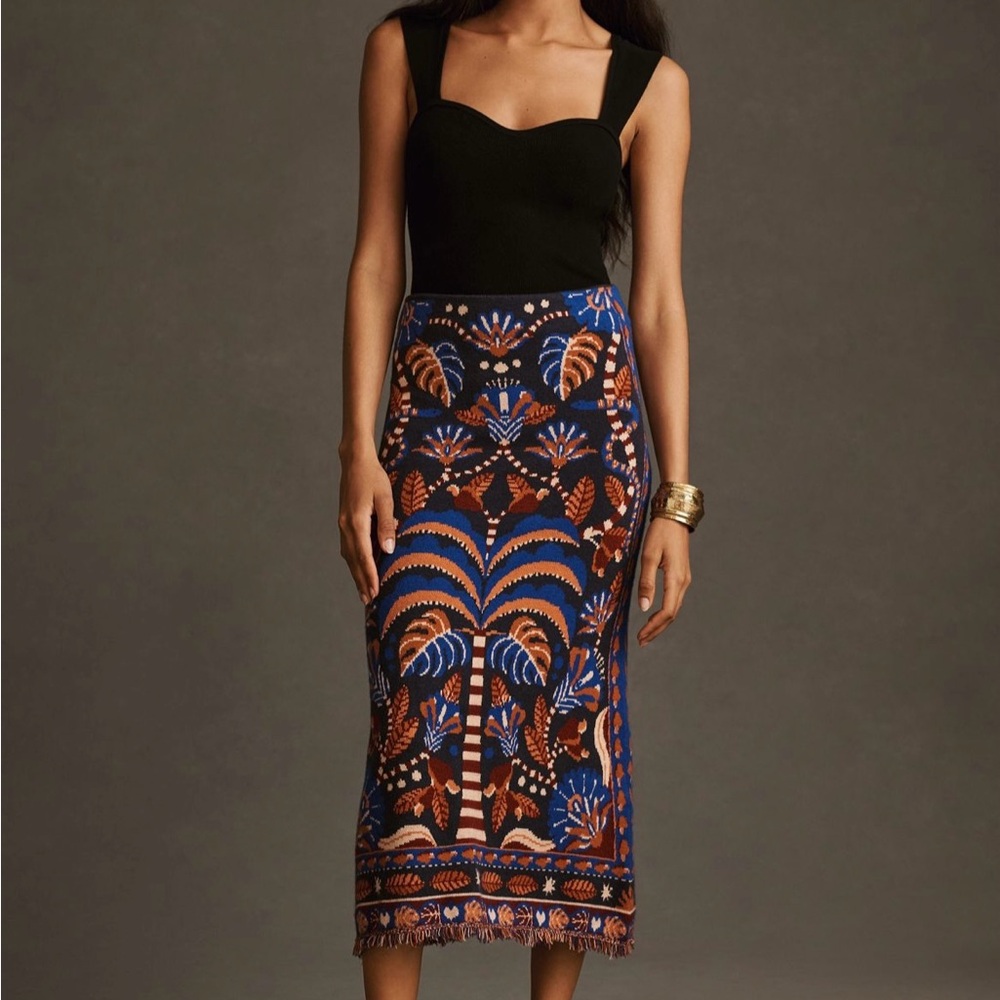 FARM Rio Nature Beauty Blue Scarf Knit midi skirt - NWT